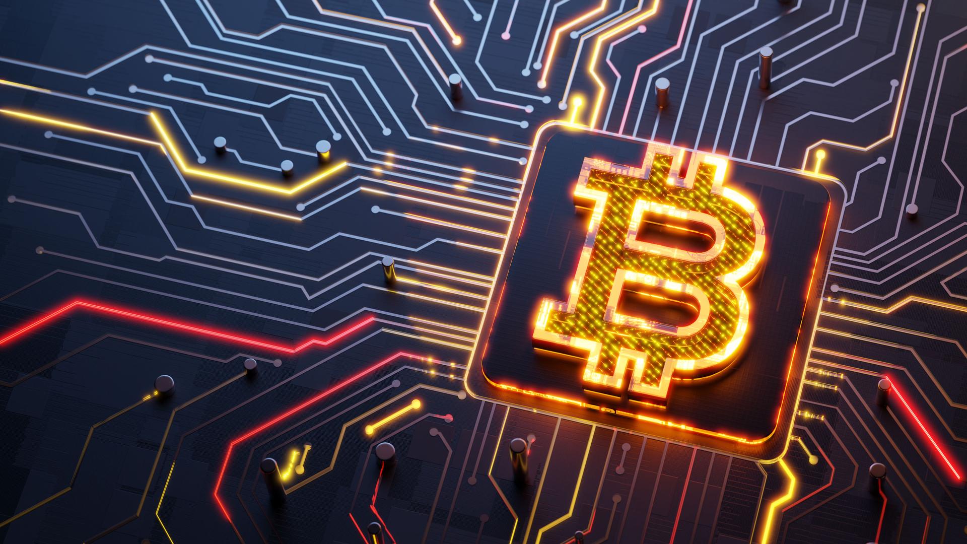 Cryptocurrency concept. Glowing Bitcoin symbol on the abstract main cpu on circuit board with light trails as data streaming symbol
