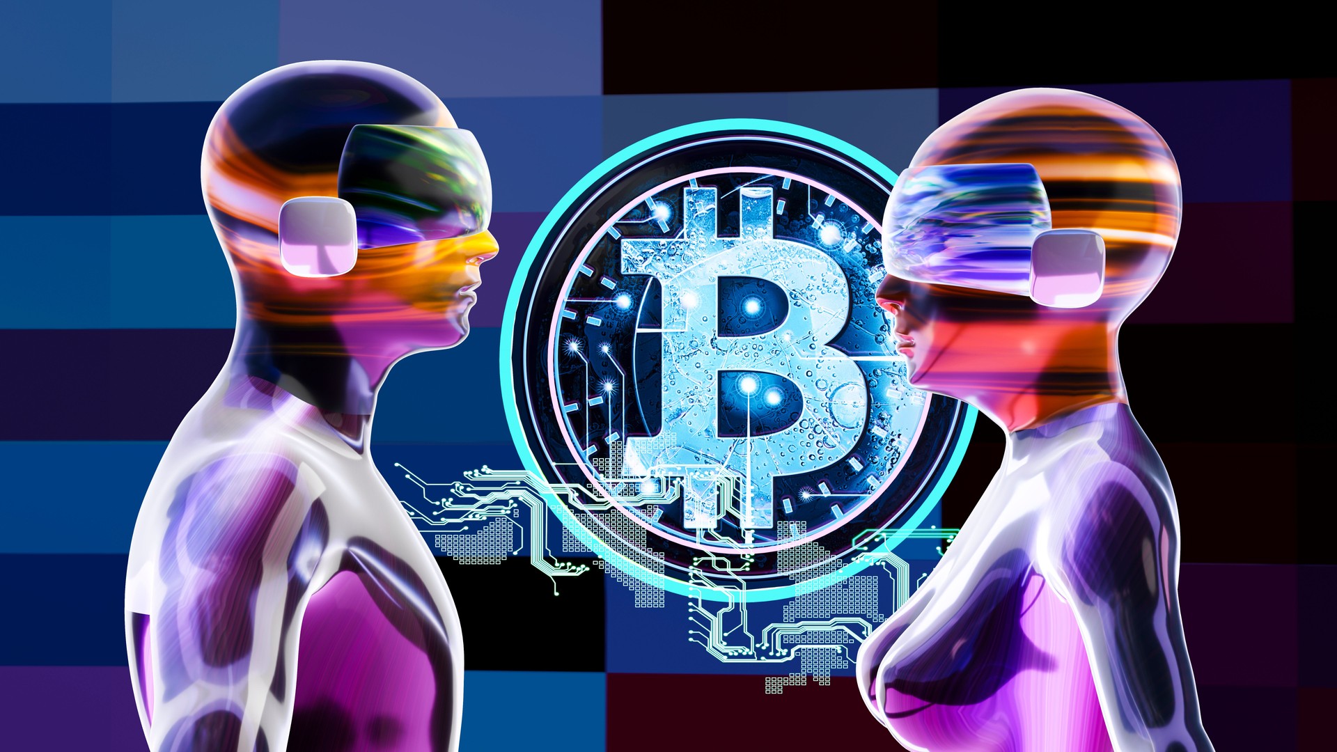 Male and female avatars wearing VR masks in front of a bitcoin neon sign floating in the metaverse
